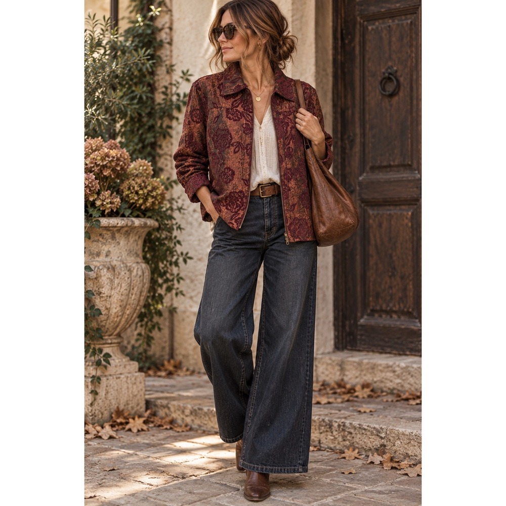Coldwater Creek Floral Tapestry Chenille Zip Jacket Burgundy Copper Boho XL